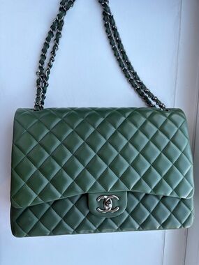 CHANEL Quilted Army Green Lambskin double Jumbo Flap - SHW